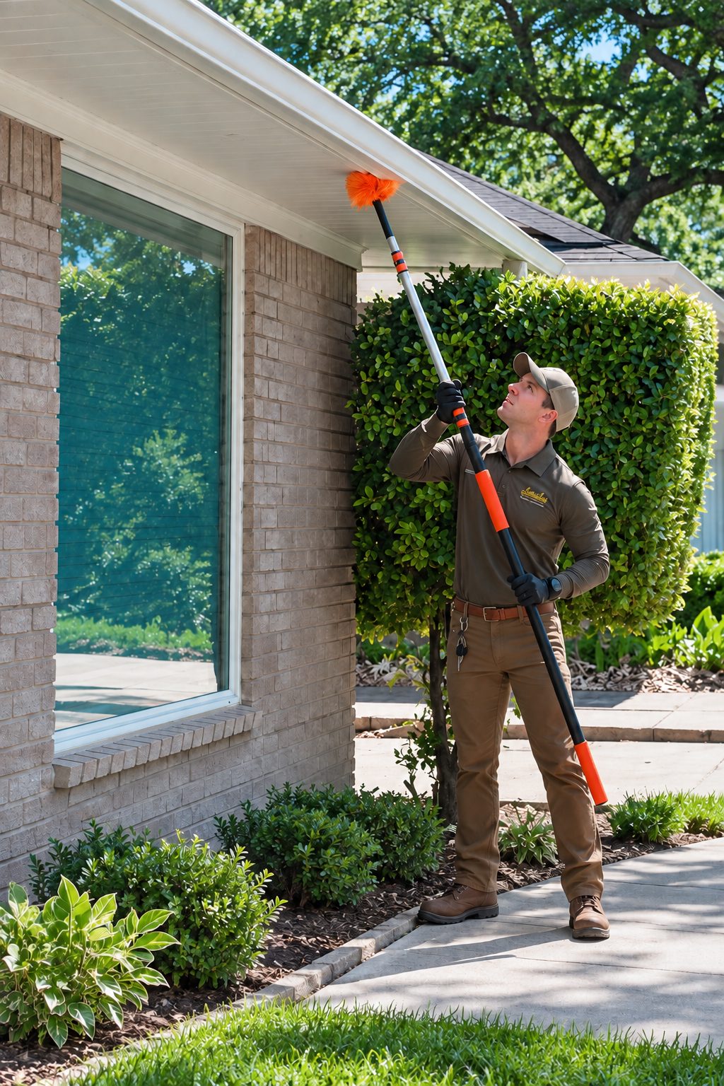 A pest control tech clearing webs from the eaves of a home