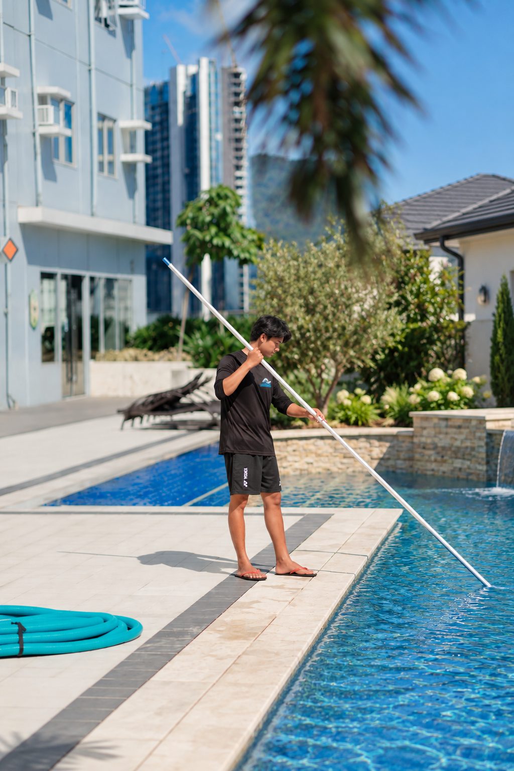 A pool tech skimming a backyard pool